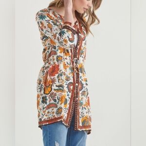 Charlie Paige Dorit Paisley Floral Button-Up Relaxed Fit Top with Tie Waist 4XL